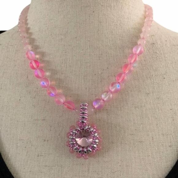 Handmade Pink rose quartz beaded boho necklace 14mm crystal with beaded bezel. - Picture 1 of 7